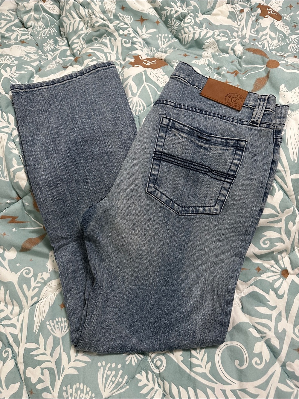 Men's Bootcut Jeans in Light Blue Denim with Leather Patch